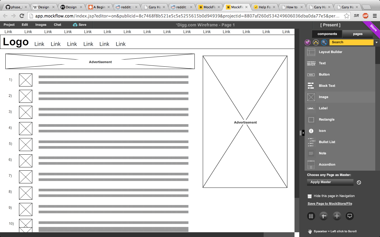 An attempt at the Reddit.com wireframes